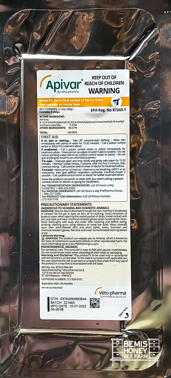 Apivar Strips SALE! Product Expiration 11/24 Bemis Honey Bee Farm